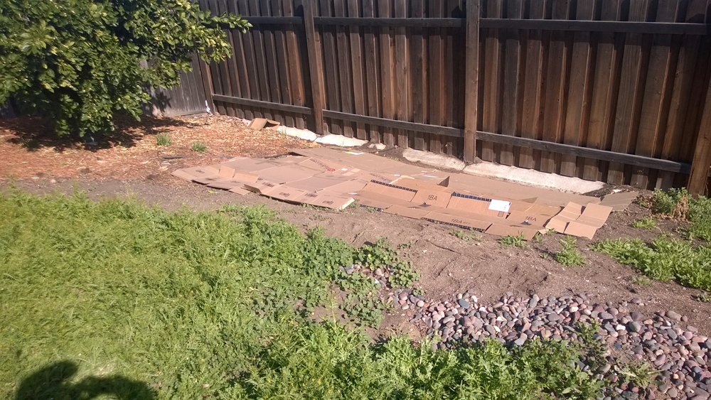 cardboard boxes as a layer before compost and mulch
